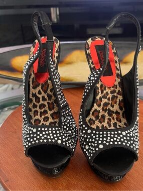 Black Crystal-Embellished Slingback Heels with Leopard Insole
